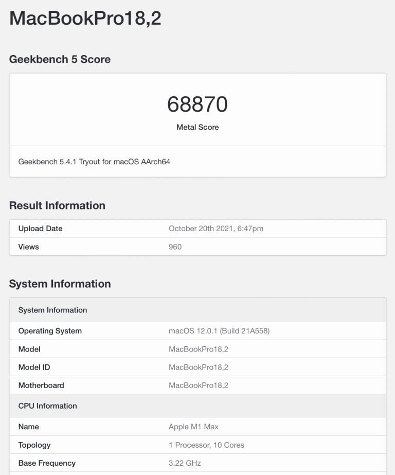 MacBook Pro M1 Max GPU geekbench