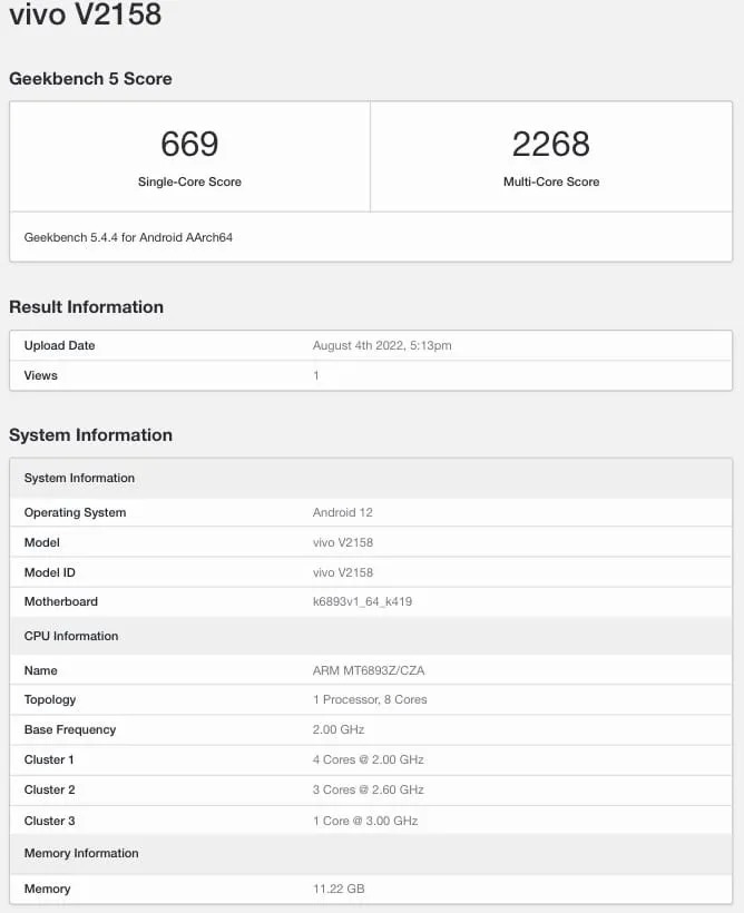 vivo v25 geekbench