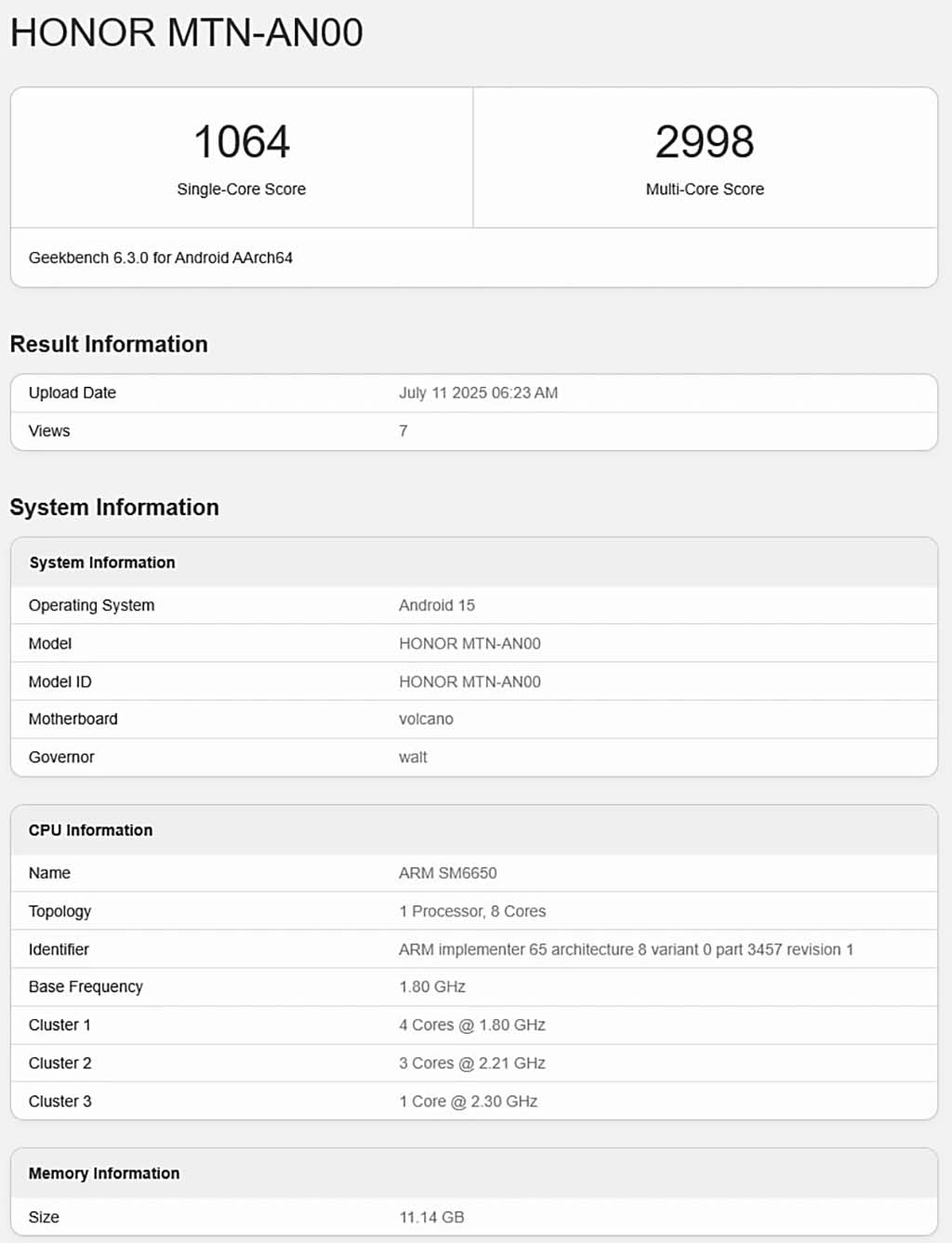 Honor X70 Geekbench