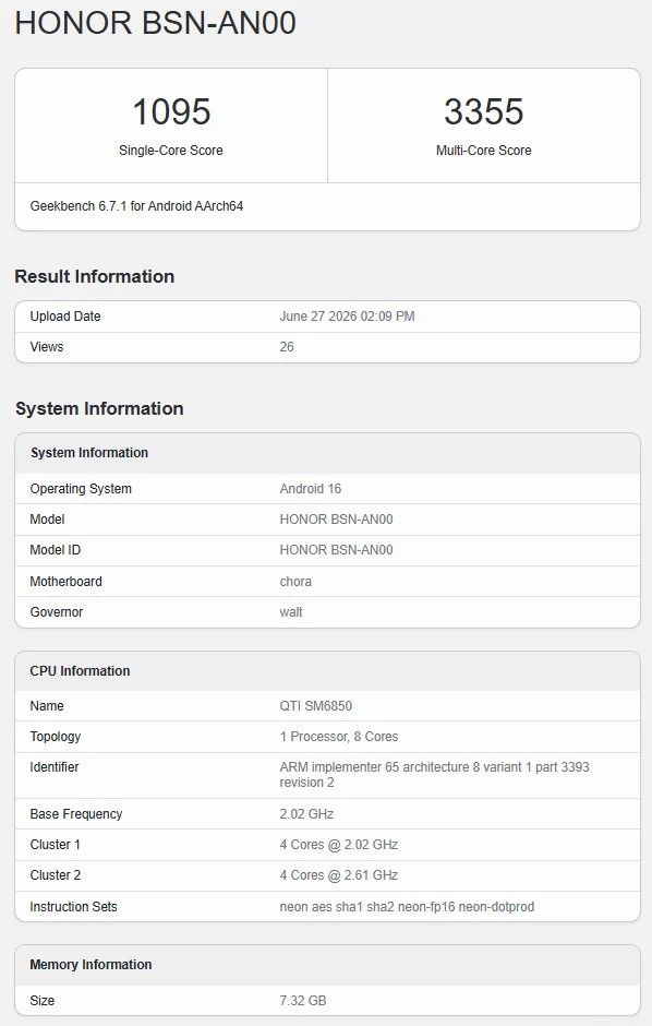 Honor X80 Pro Max Geekbench Snapdragon 6 Gen 5