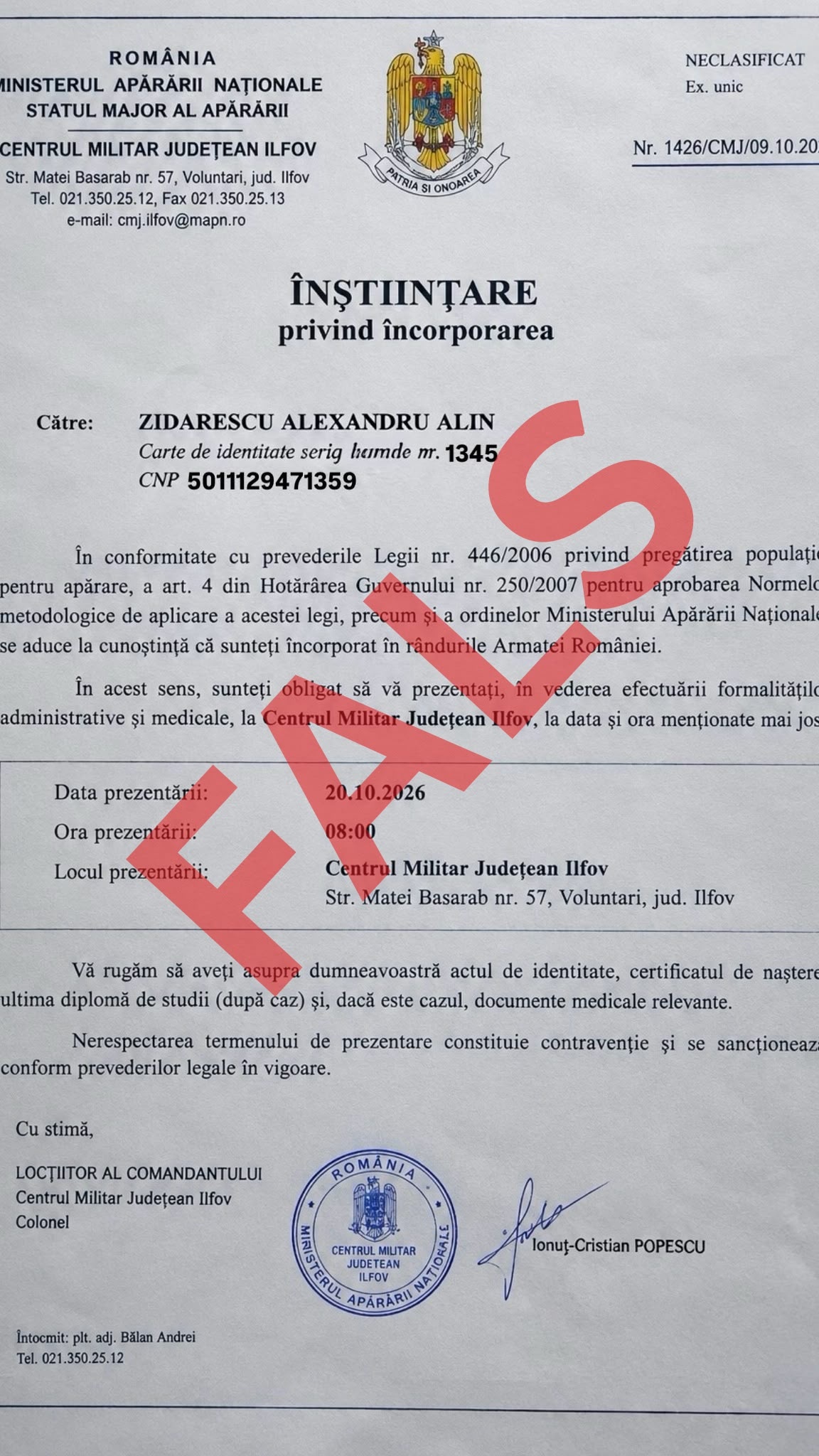 Ordin de încorporare fals care circulă pe internet.