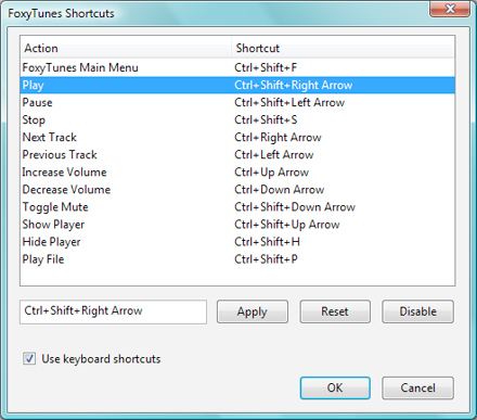 FoxyTunes shortcuts