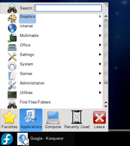 Meniul de start din Fedora 9 KDE