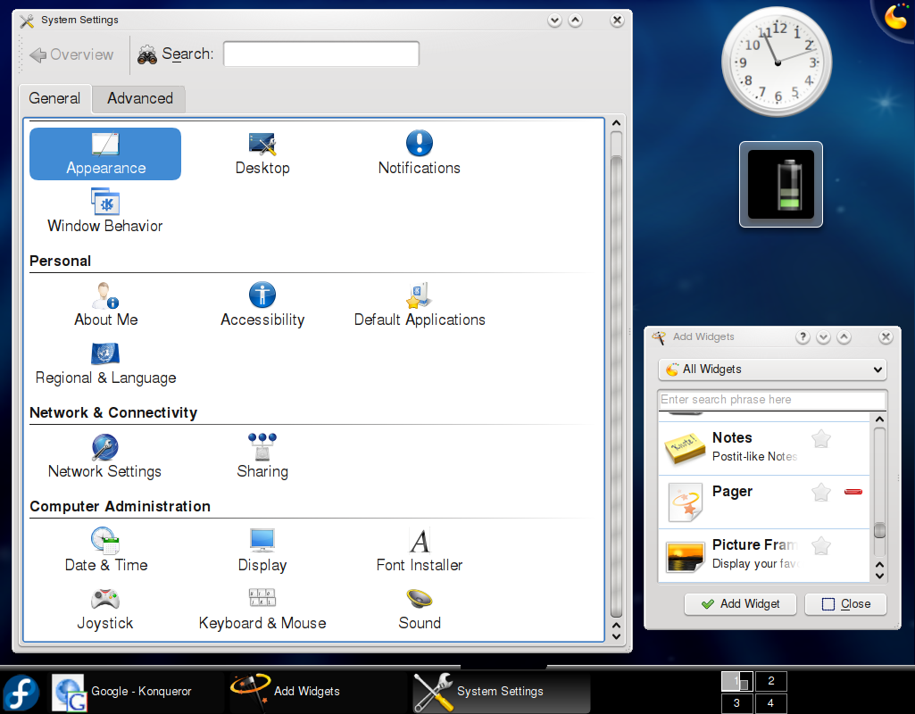 Control Panel şi widgets în Fedora 9