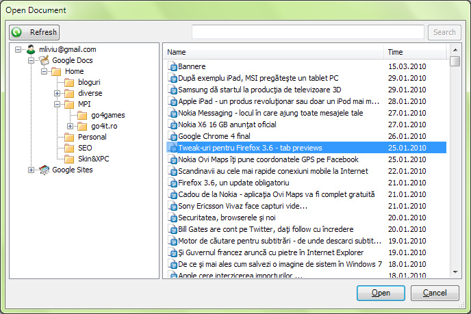 Deschiderea unui document salvat in Google Docs