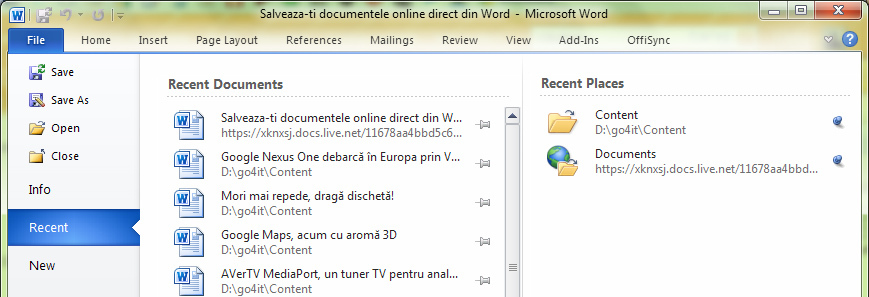 Deschiderea documentelor salvate recent
