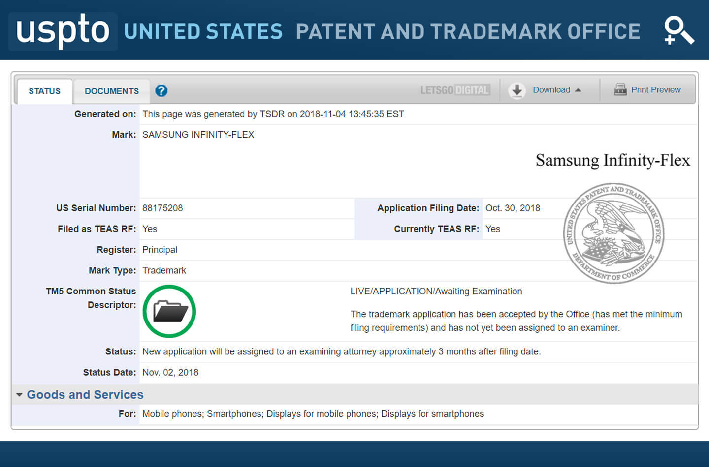 Samsung Galaxy F Infinity Trademarks